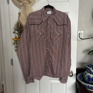 VTG XL men’s western plaid , tan, Burgandy vintage pearl button up shirt